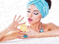 Turban, Cytryna, Kobieta, Makijaż, Biżuteria