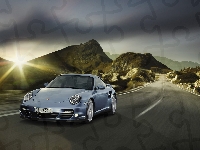 Promienie, Słońca, Góry, Porsche, 911, Droga, Samochód, Turbo