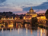 Oświetlenie, Most św Anioła, Watykan, Rzeka Tyber, Wieczór, Bazylika św Piotra