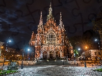 Ulica, Polska, Domy, Noc, Kościół św Józefa, Kraków, Latarnie