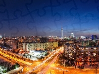 Noc, Domy, Wieża, Ulice, Panorama, Berlin