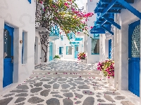 Niebieskie, Grecja, Domy, Uliczka, Białe, Santorini, Drzwi