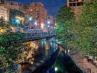 Noc, USA, Rzeka, San Antonio, Miasto, Most