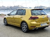 2017, Volkswagen Golf 7, Jezioro, Żółty, Facelift, Góry