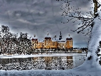 Jezioro Waldesee, Saksonia, Zima, Niemcy, Zamek Moritzburg, Śnieg