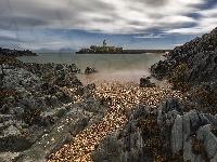 Walia, Latarnia morska Llanddwyn Lighthouse, Wyspa Anglesey, Morze, Skały