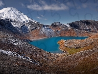 Ośnieżony, Jezioro, Park Narodowy Tongariro, Tama Lake, Wulkan Ngauruhoe, Wyspa Północna, Nowa Zelandia, Góry, Region Manawatu-Wanganui