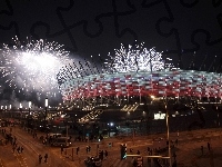 Fajerwerki, Warszawa, Noc, Polska, Stadion Narodowy, Ludzie