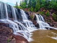 Skały, Drzewa, Gooseberry River, Minnesota, Wodospady, Rzeka, Stany Zjednoczone, Waterfalls Middle Falls