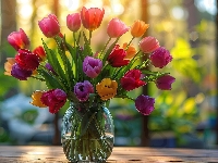 Kolorowe, Kwiaty, Tulipany, Wazon