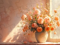 Kwiaty, Wazon, Róże, Okno, Ściana