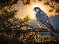 Ptak, Drzewo, Sokół wędrowny, Gałązki, Iglaste