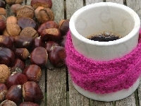Kubek, Wełniana, Orzechy, Handmade, Kawa, Włóczka, Opaska