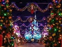 Świąteczny Wystrój, Disneyland, Zamek, Miasto Nocą