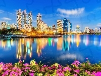 Bangkok, Światła, Kwiaty, Rzeka Menam, Tajlandia, Wieżowce, Odbicie