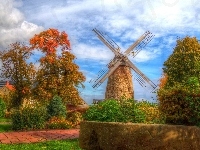 Wiatrak, HDR, Jesień, Drzewa, Dom