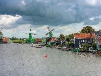 Rzeka Zaan, Zaandam, Domy, Holandia, Skansen Zaanse Schans, Wiatraki