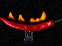 Papryka chili, Ogień, Widelec, Czarne tło, Płomień