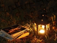 Widokówki, Noc, Lampion, Książka, Łąka