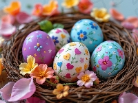 Kwiaty, Kolorowe, Gniazdo, Wielkanoc, Pisanki, Jajka, Płatki