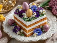 Kolorowe, Ciasto, Kwiaty, Wielkanoc, Talerz, Piernik, Jajka