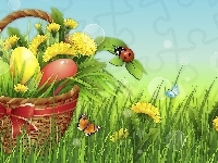 Kwiaty, Wielkanoc, Pisanki, Grafika 2D, Trawa, Koszyk