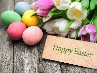 Wielkanoc, Happy Easter, Tulipany, Pisanki, Napis