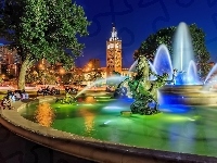 Wieża, Fontanna, Rzeźba, Miasto nocą