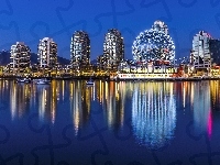 Wieżowce, Rzeka, Miasto, Noc Vancouver