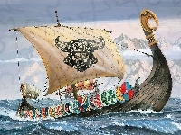 Wikingów, Grafika, Morze, Łódź, Tarcze