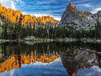 Mirror Lake, Góry, Drzewa, Odbicie, Stany Zjednoczone, Szczyt, Lone Eagle Peak, Jezioro, Stan Kolorado, Indian Peaks Wilderness