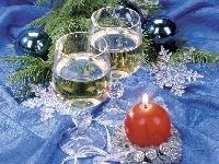 Świeczki, Kieliszki, Wino, Bombki