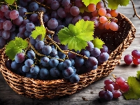 Różowe, Winogrona, Fioletowe, Koszyk, Listki