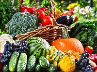 Ogórki, Owoce, Brokuł, Kalafior, Kosz, Pomidory, Warzywa, Dynia, Winogrono