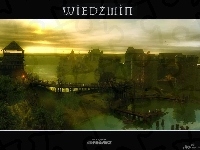 jezioro, wioska, słońce, The Witcher, most, chmury