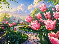Park, Kwiaty, Tulipany, Wiosna, Grafika, Ścieżka