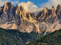 Góry, Drzewa, Dolomity, Włochy, Południowy Tyrol