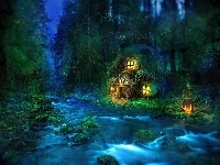 Woda, Fantasy, Las, Domek, Noc