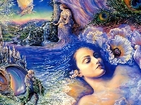 Woda, Josephine Wall, Kobieta, Kwiaty, Zamek