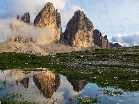 Woda, Góry, Włochy, Tre Cime di Lavaredo, Odbicie, Trzy szczyty