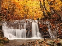 Wodospad, Jesień, Las, Liście
