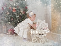 Wózek, Święta, Mała, Dziewczynka, Choinka