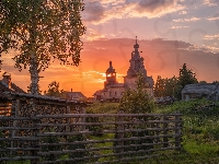 Domy, Rosja, Cerkiew, Brzoza, Drzewa, Obwód archangielski, Wieś, Ogrodzenie, Wschód słońca, Kimzha