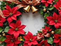 Wstążka, Wianek, Gwiazda betlejemska, AI, Kwiaty, Boże Narodzenie, Dzwonki