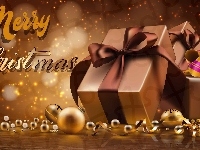 Prezenty, Merry Christmas, 2D, Napis, Boże Narodzenie, Bombki, Wstążki