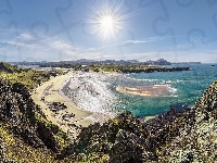 Promienie słońca, Skały, Plaża, Hrabstwo Donegal, Półwysep Malin Head, Wybrzeże, Irlandia, Morze