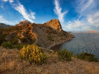 Skały, Wybrzeże, Wzgórza, Morze, Niebo