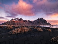 Chmury, Góra Vestrahorn, Góry, Plaża Stokksnes, Islandia, Wydmy