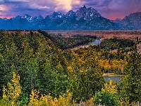 Drzewa, Jesień, Rzeka, Wyoming, Park Narodowy Grand Teton, Teton Range, Stany Zjednoczone, Góry