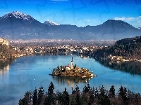Wyspa, Słowenia, Góry, Jezioro, Bled